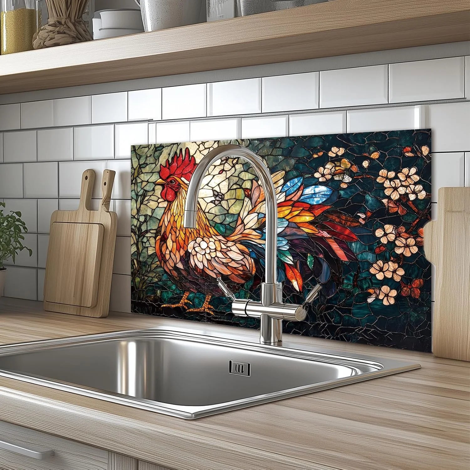 Colorful Mosaic Rooster tempered glass kitchen backsplash glass surface detail
