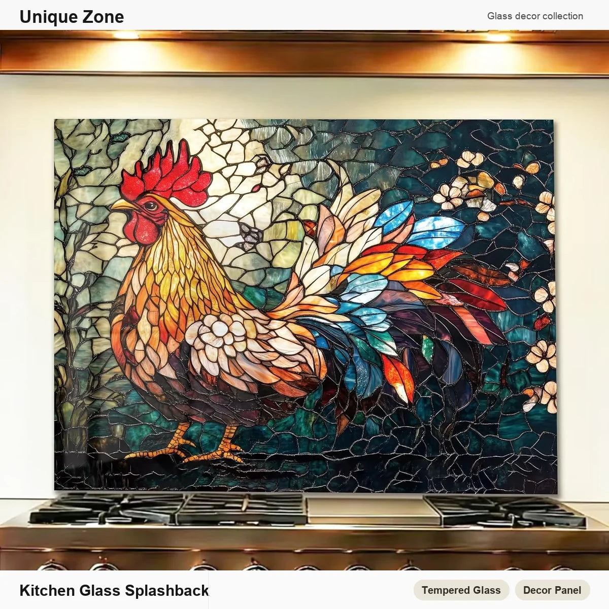 Colorful Mosaic Rooster Tempered Glass Kitchen Backsplash - Unique Zone branded kitchen backsplash main image