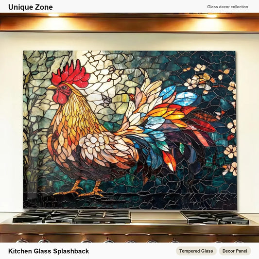 Colorful Mosaic Rooster Tempered Glass Kitchen Backsplash - Unique Zone branded kitchen backsplash main image