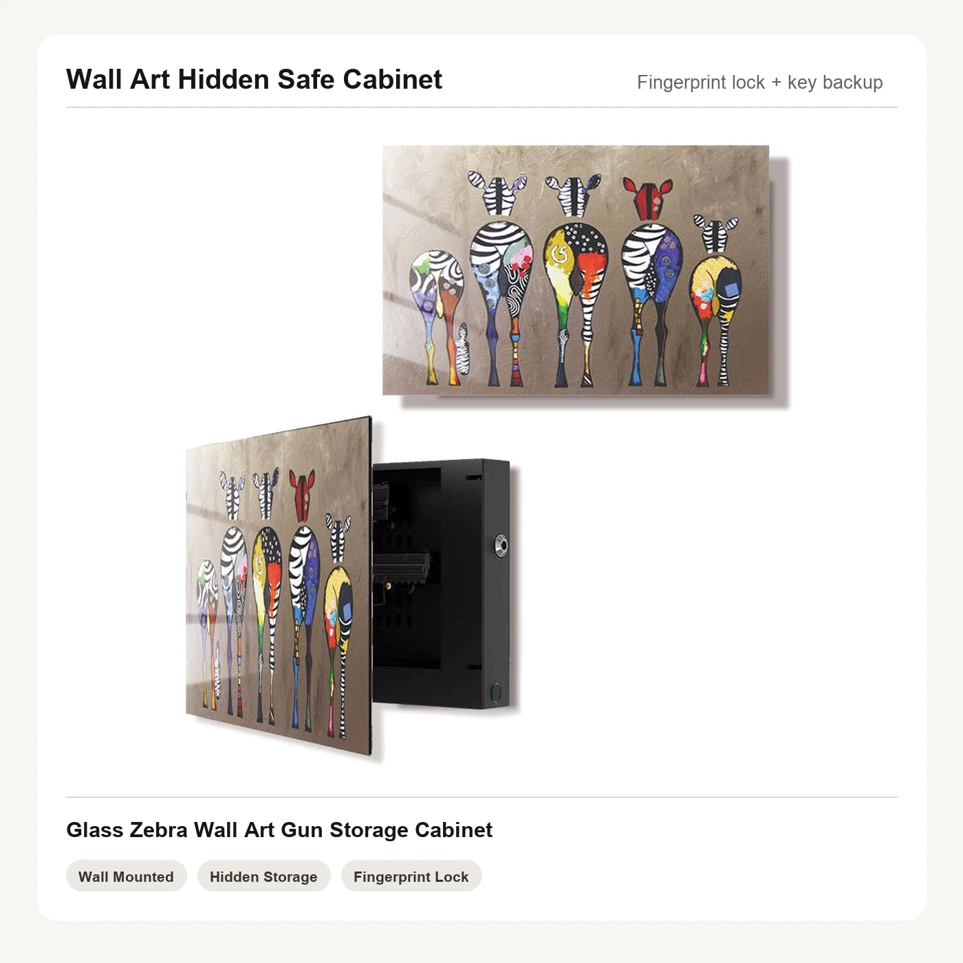 Zebra Wall Art Hidden Gun Safe Cabinet with fingerprint lock by Unique Zone