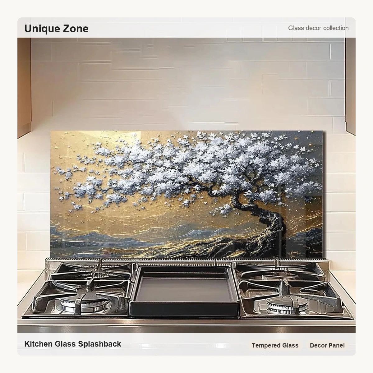 Gold and Silver Tree of Life - Tempered Glass Backsplash for Kitchen - Unique Zone correct branded main image