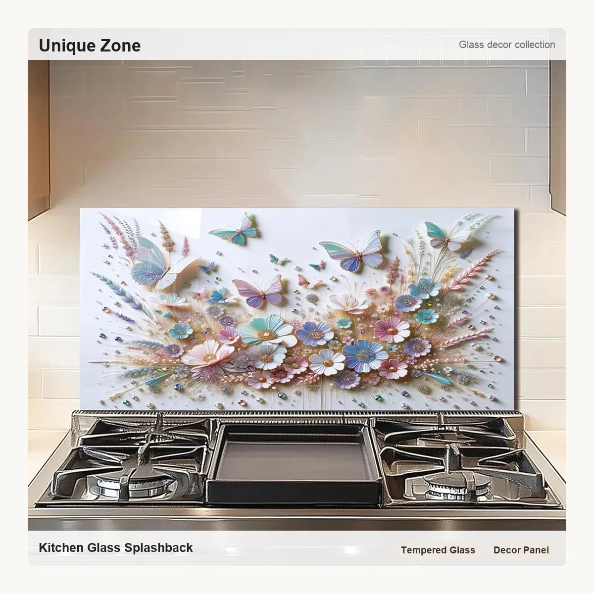 3D Butterfly Flower Blossoms - Tempered Glass Backsplash for Kitchen - Unique Zone correct branded main image