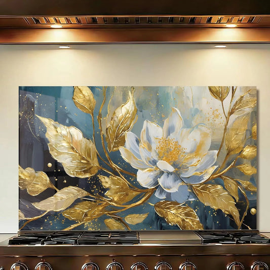 Black Floral Gold Leaves tempered glass kitchen backsplash close-up product view