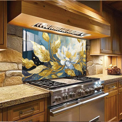 Black Floral Gold Leaves tempered glass kitchen backsplash kitchen wall display