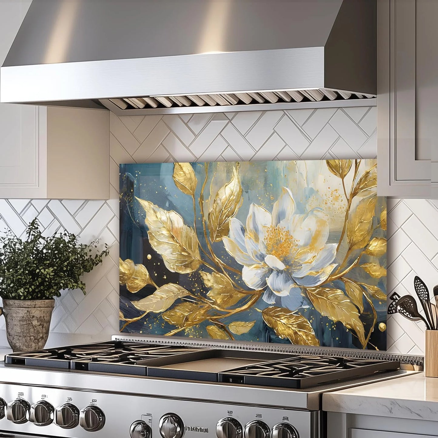 Black Floral Gold Leaves tempered glass kitchen backsplash installation detail