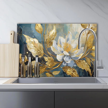 Black Floral Gold Leaves tempered glass kitchen backsplash glass surface detail