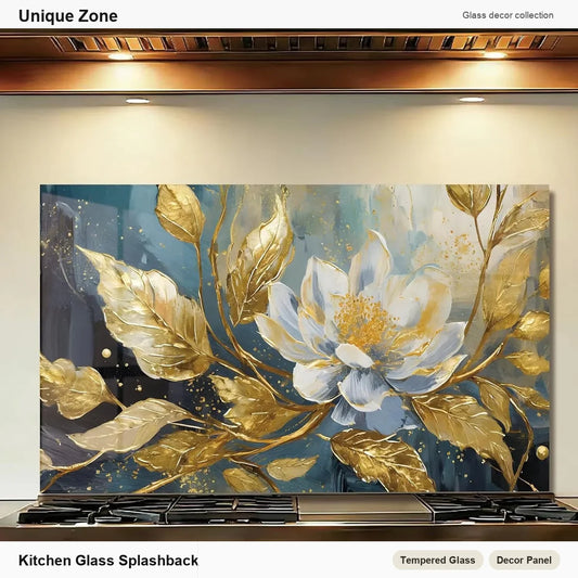 Black Floral Gold Leaves Tempered Glass Kitchen Backsplash - Unique Zone branded kitchen backsplash main image