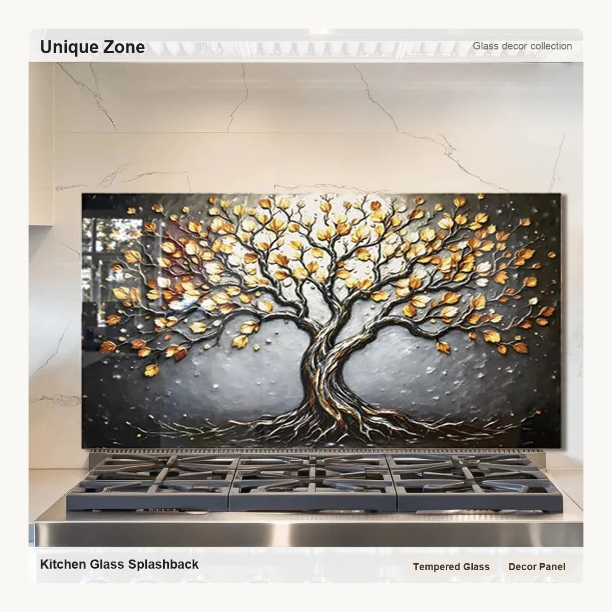 Tempered Glass Stove Splashback Protector- Tree of Life Design - Unique Zone correct branded main image