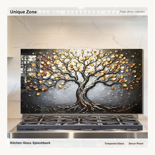Tempered Glass Stove Splashback Protector- Tree of Life Design - Unique Zone correct branded main image