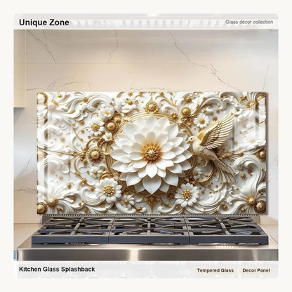 3D Platinum Flowers and Birds - Tempered Glass Backsplash for Kitchen - Unique Zone correct branded main image