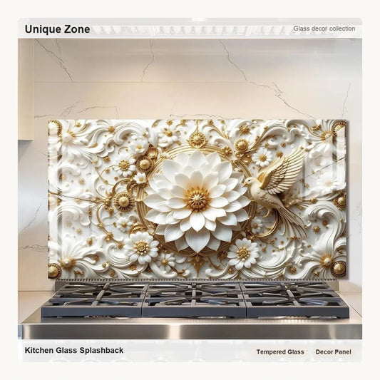 3D Platinum Flowers and Birds - Tempered Glass Backsplash for Kitchen - Unique Zone correct branded main image
