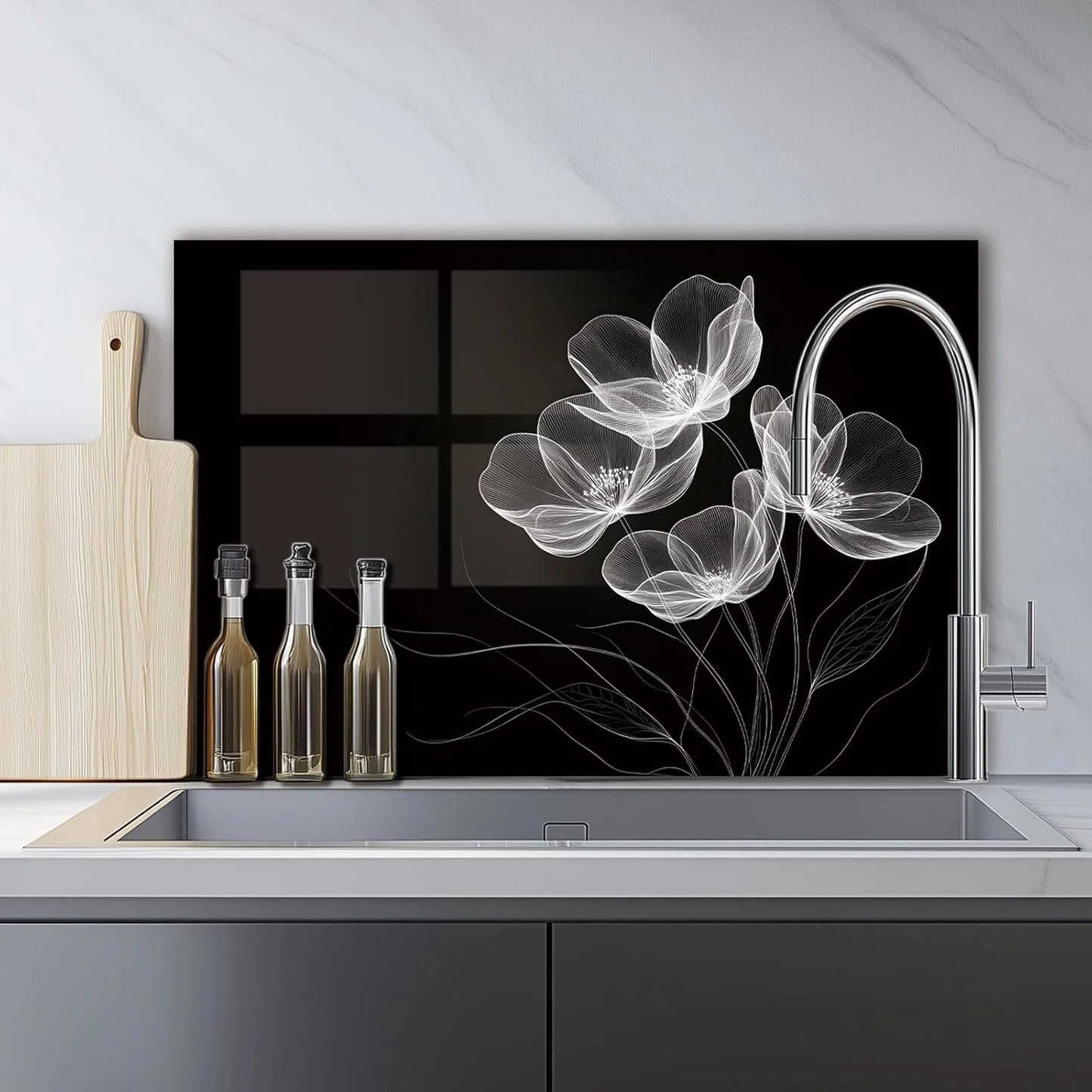 Black tempered glass kitchen backsplash installation detail