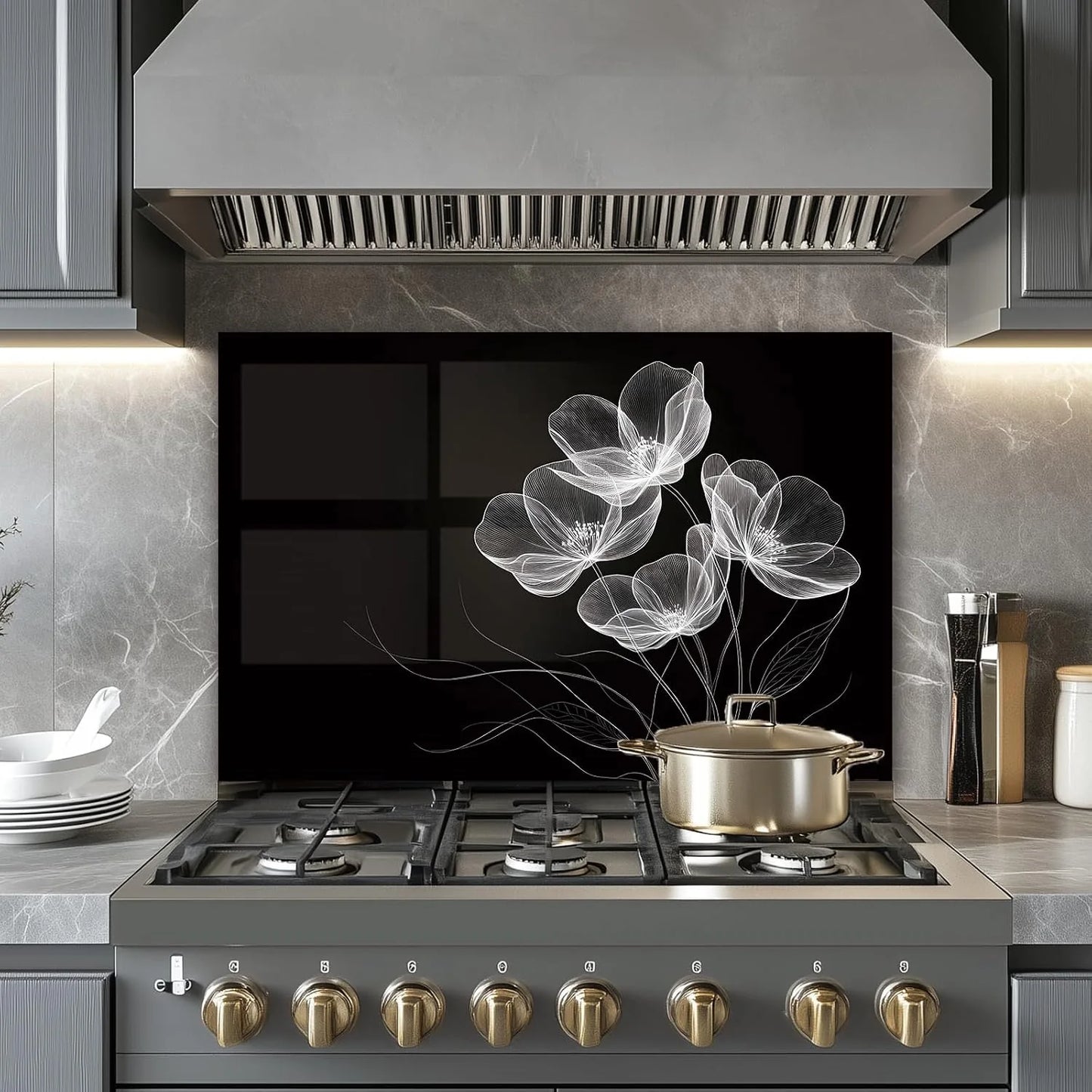 Black tempered glass kitchen backsplash glass surface detail