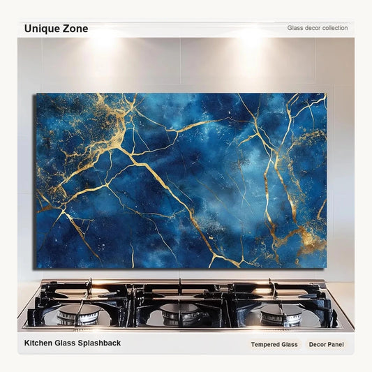 Blue Gold Abstract - Tempered Glass Backsplash for Kitchen - Unique Zone correct branded main image