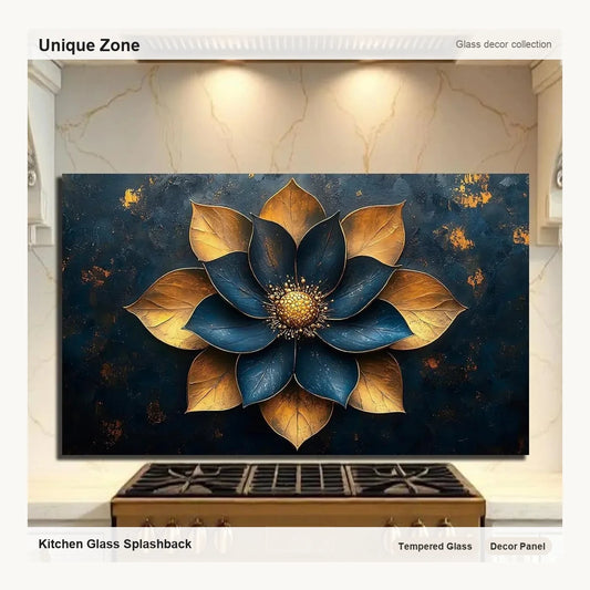 Blue Golden Flowers - Tempered Glass Backsplash for Kitchen - Unique Zone correct branded main image