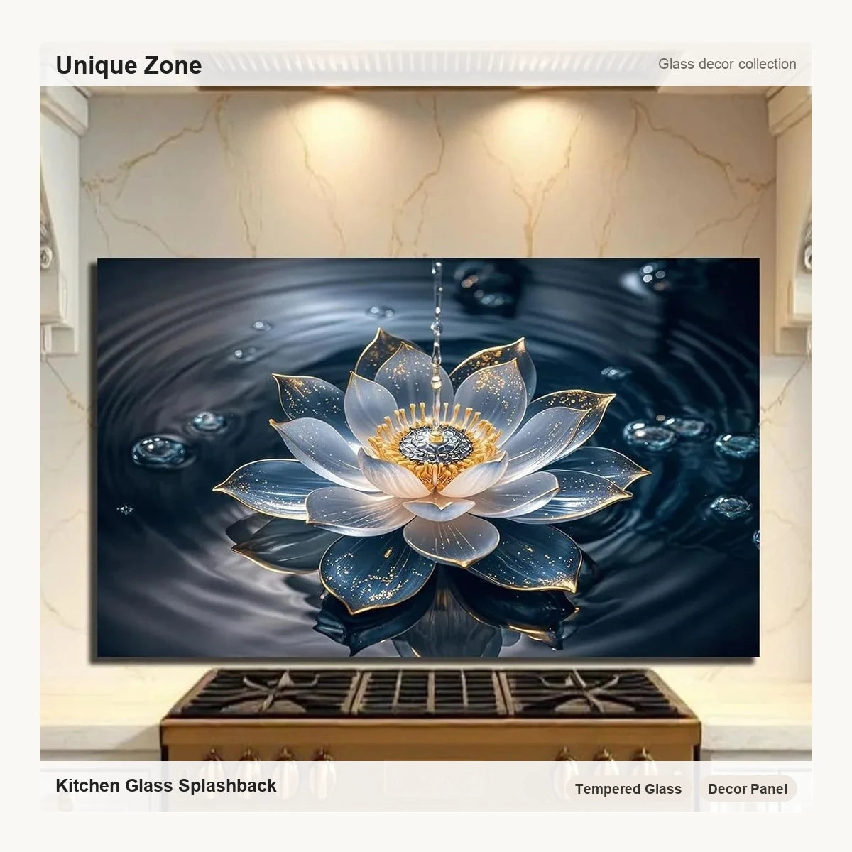 Lotus Flower - Tempered Glass Backsplash for Kitchen - Unique Zone correct branded main image