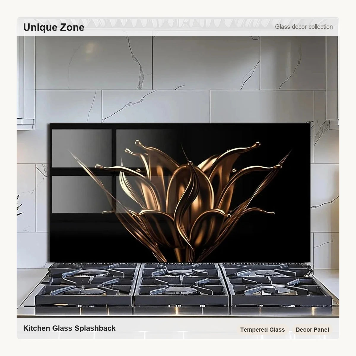 Golden Flowers -Tempered Glass Backsplash for Kitchen - Unique Zone correct branded main image
