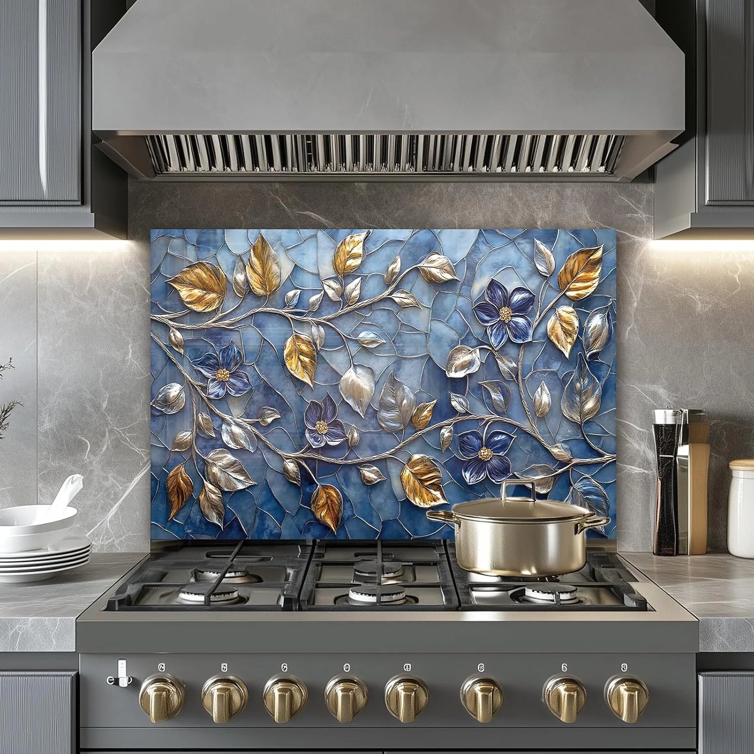 Mosaic Leaves tempered glass kitchen backsplash size reference view
