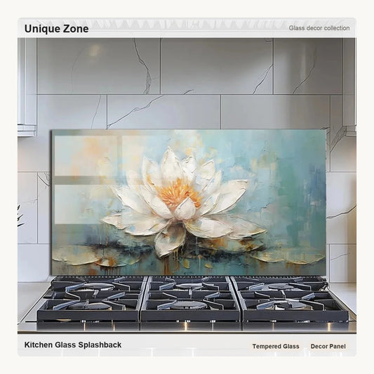 Pure White Lotus - Tempered Glass Backsplash for Kitchen - Unique Zone correct branded main image