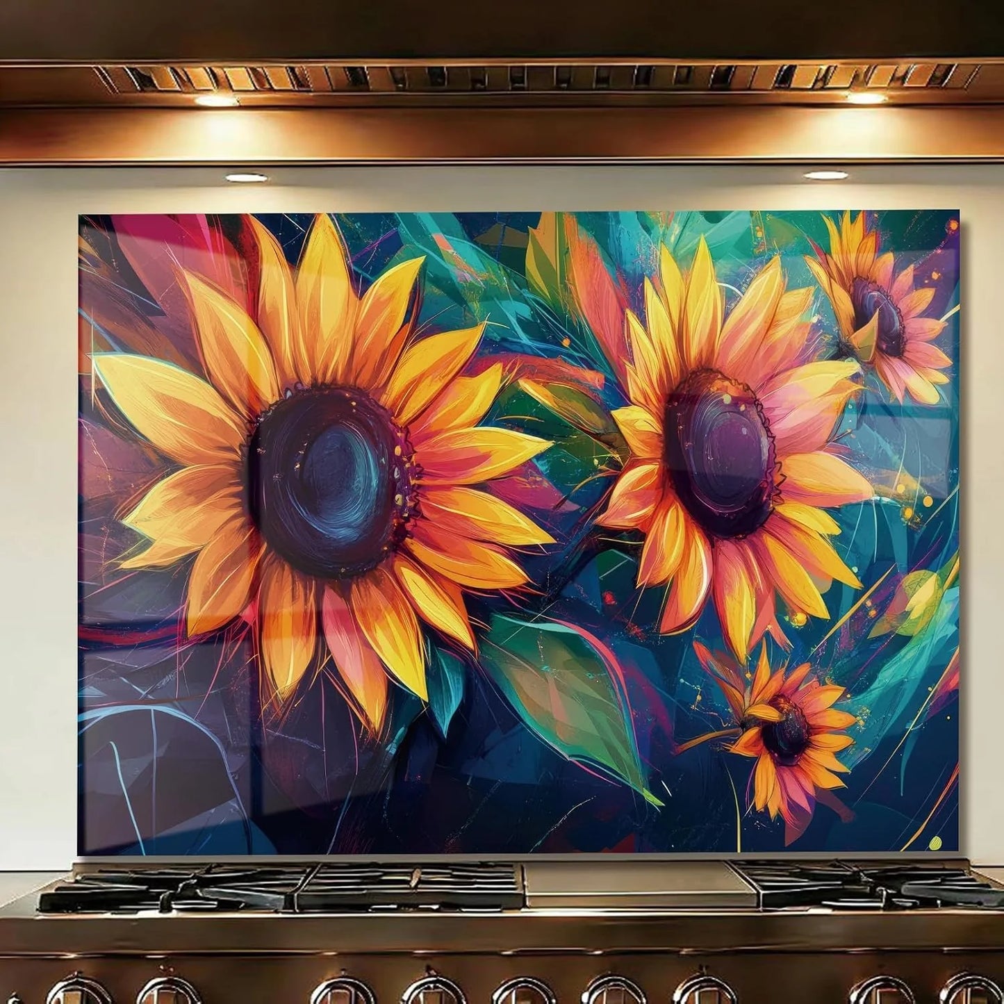 Colorful Sunflowers tempered glass kitchen backsplash close-up product view