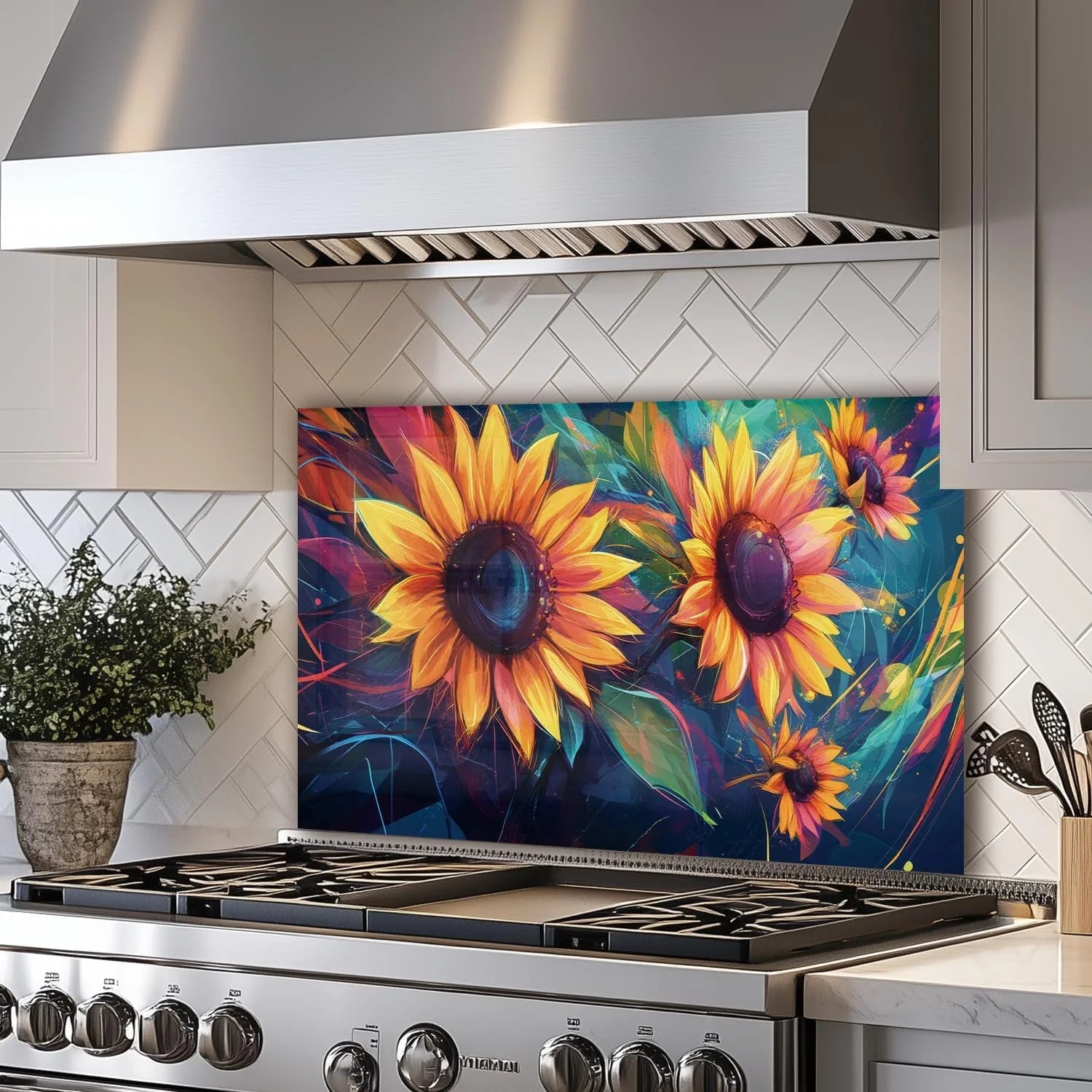 Colorful Sunflowers tempered glass kitchen backsplash size reference view
