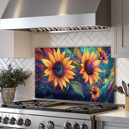 Colorful Sunflowers tempered glass kitchen backsplash size reference view