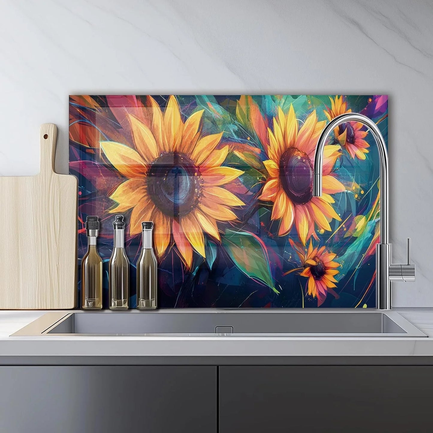 Colorful Sunflowers tempered glass kitchen backsplash installation detail