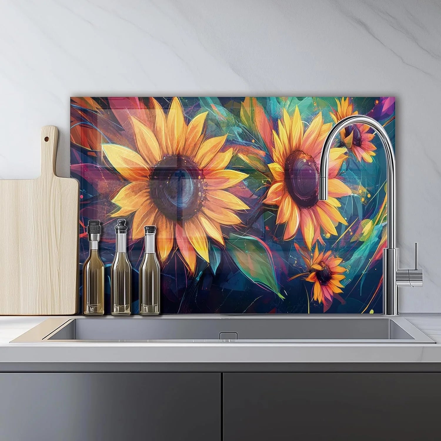 Colorful Sunflowers tempered glass kitchen backsplash installation detail