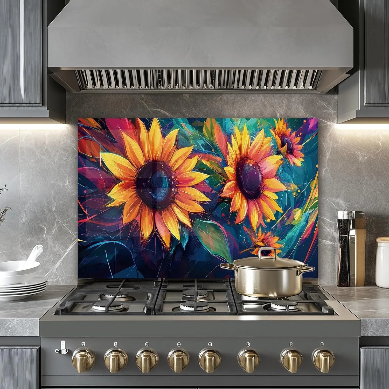 Colorful Sunflowers tempered glass kitchen backsplash glass surface detail