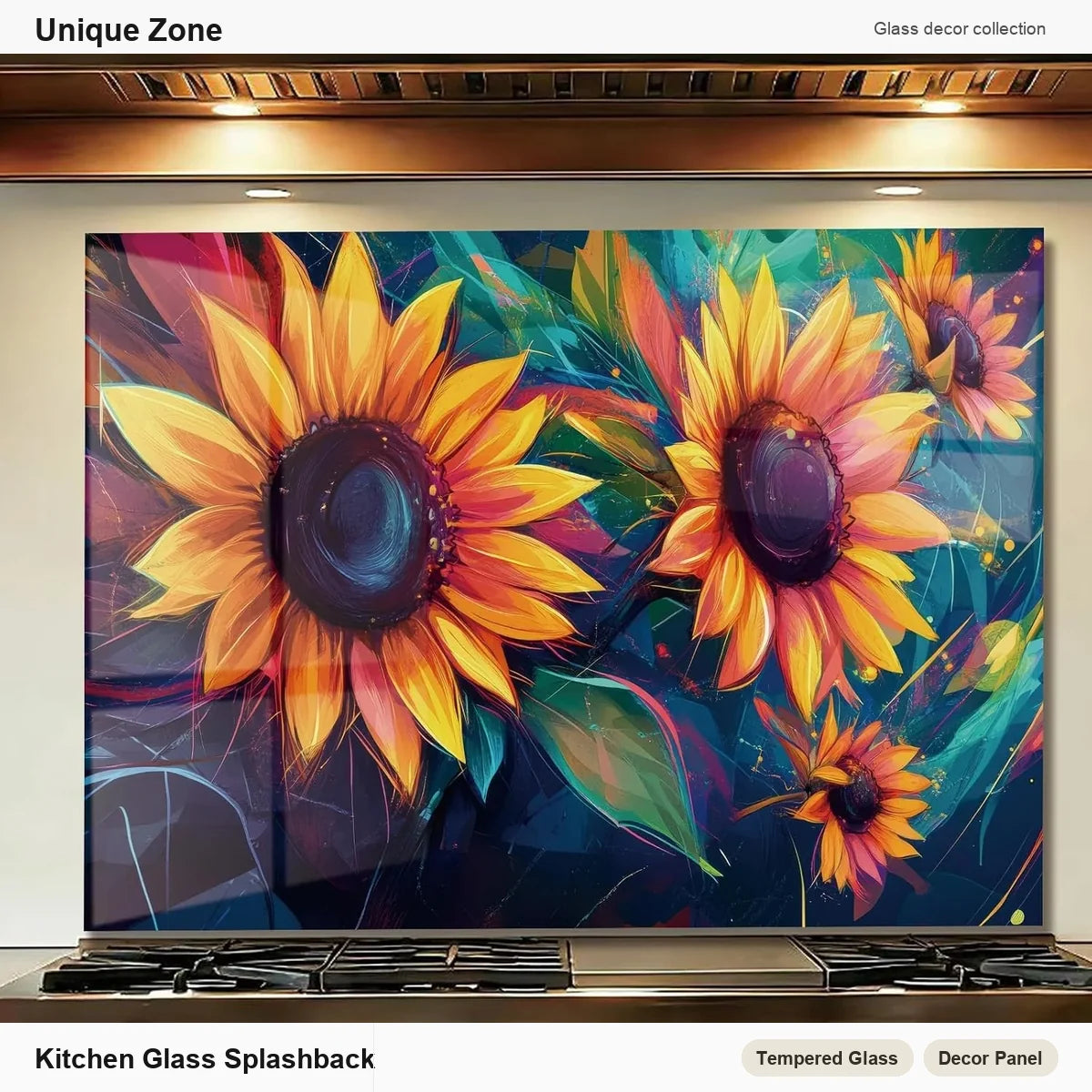 Colorful Sunflowers Tempered Glass Kitchen Backsplash - Unique Zone branded kitchen backsplash main image