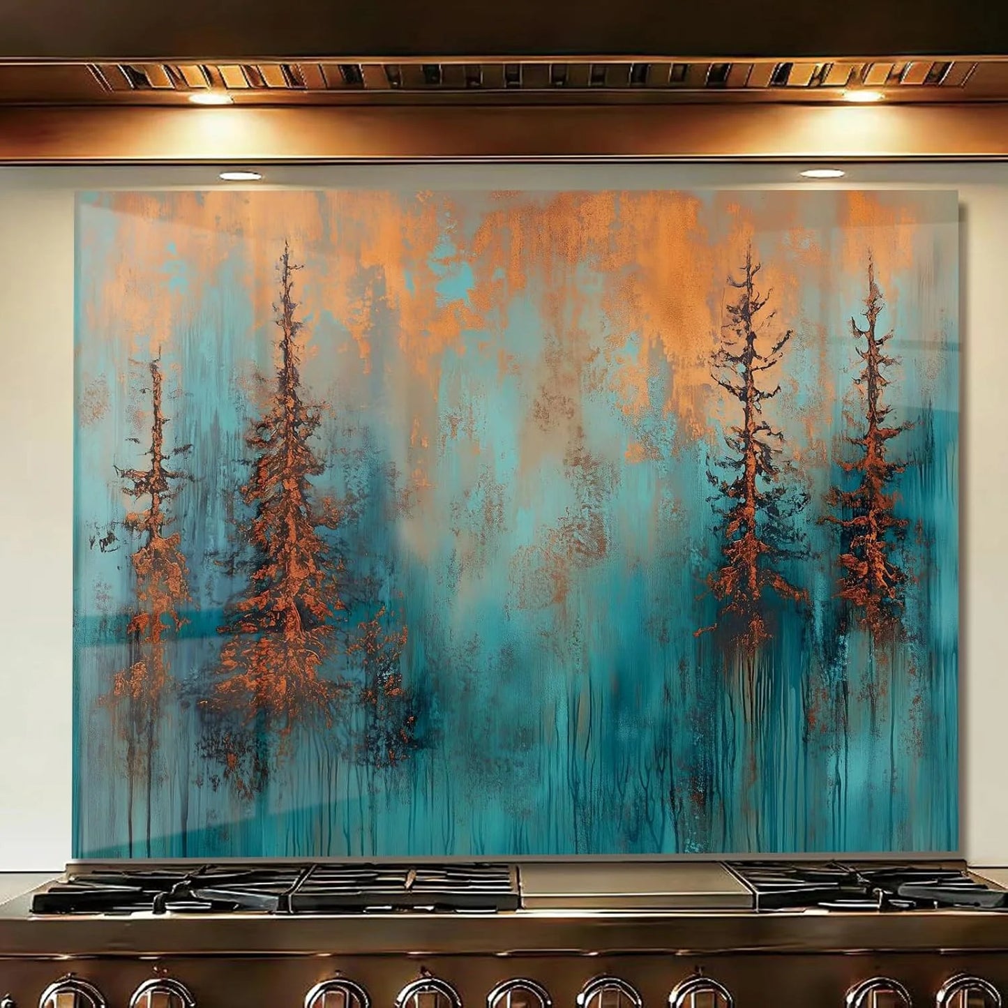 Fiery Forest tempered glass kitchen backsplash close-up product view