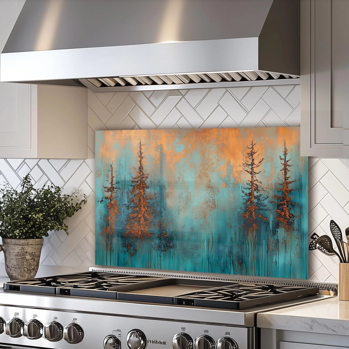 Fiery Forest tempered glass kitchen backsplash installation detail