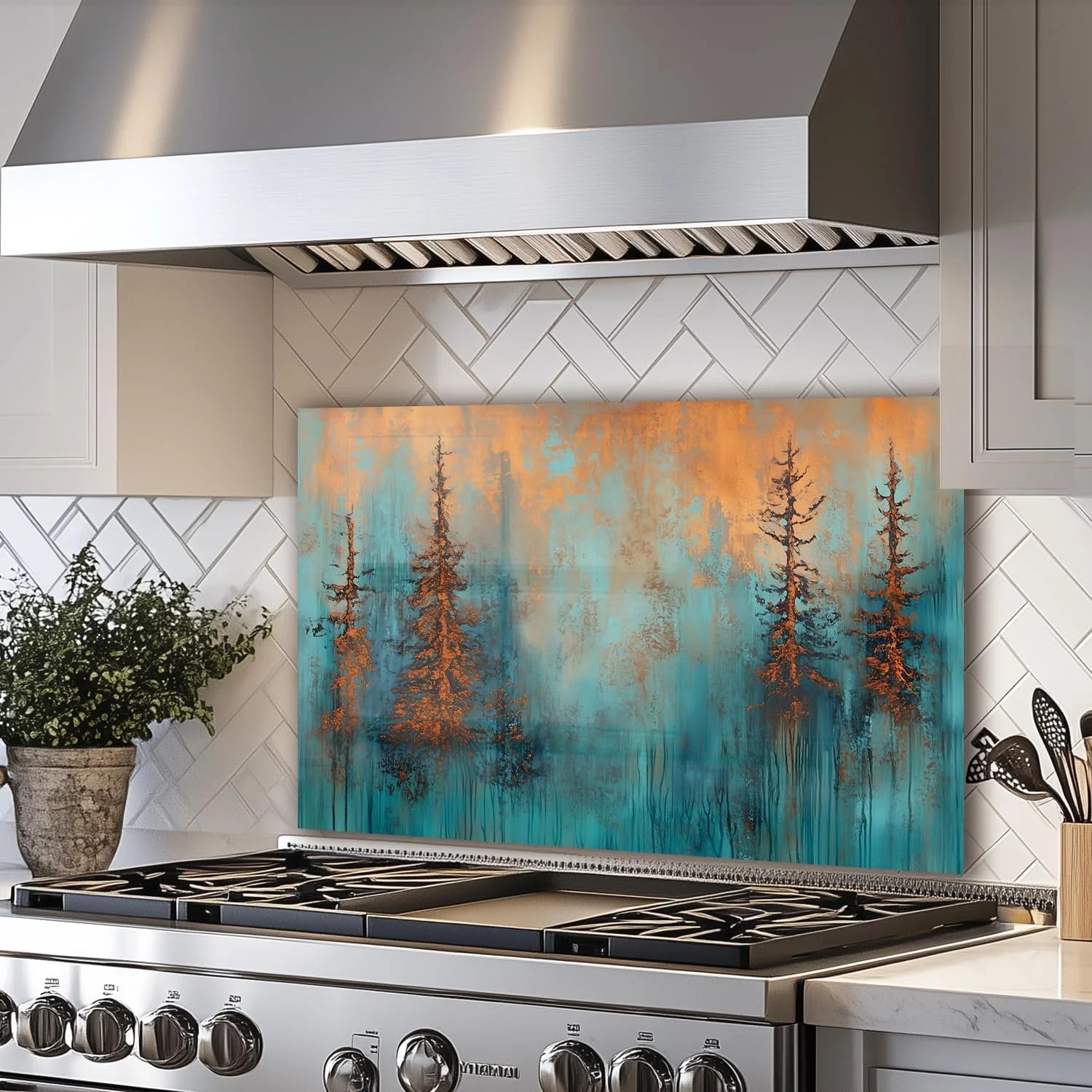 Fiery Forest tempered glass kitchen backsplash installation detail