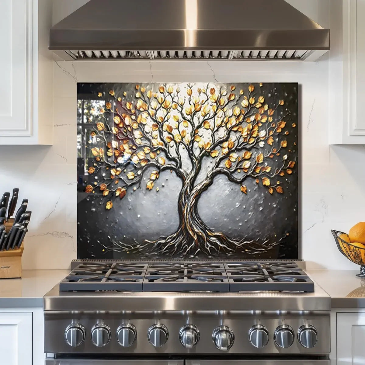 Tempered Glass Stove Splashback Protector with Tree of Life Design in modern kitchen setting