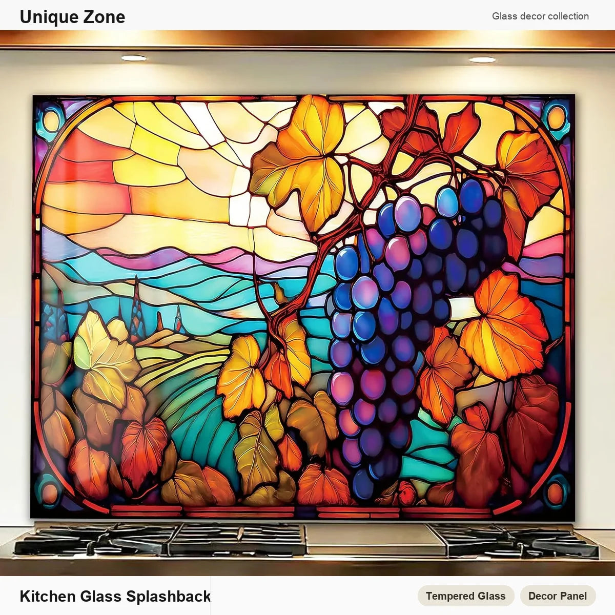 Mosaic Grapes Tempered Glass Kitchen Backsplash - Unique Zone branded kitchen backsplash main image