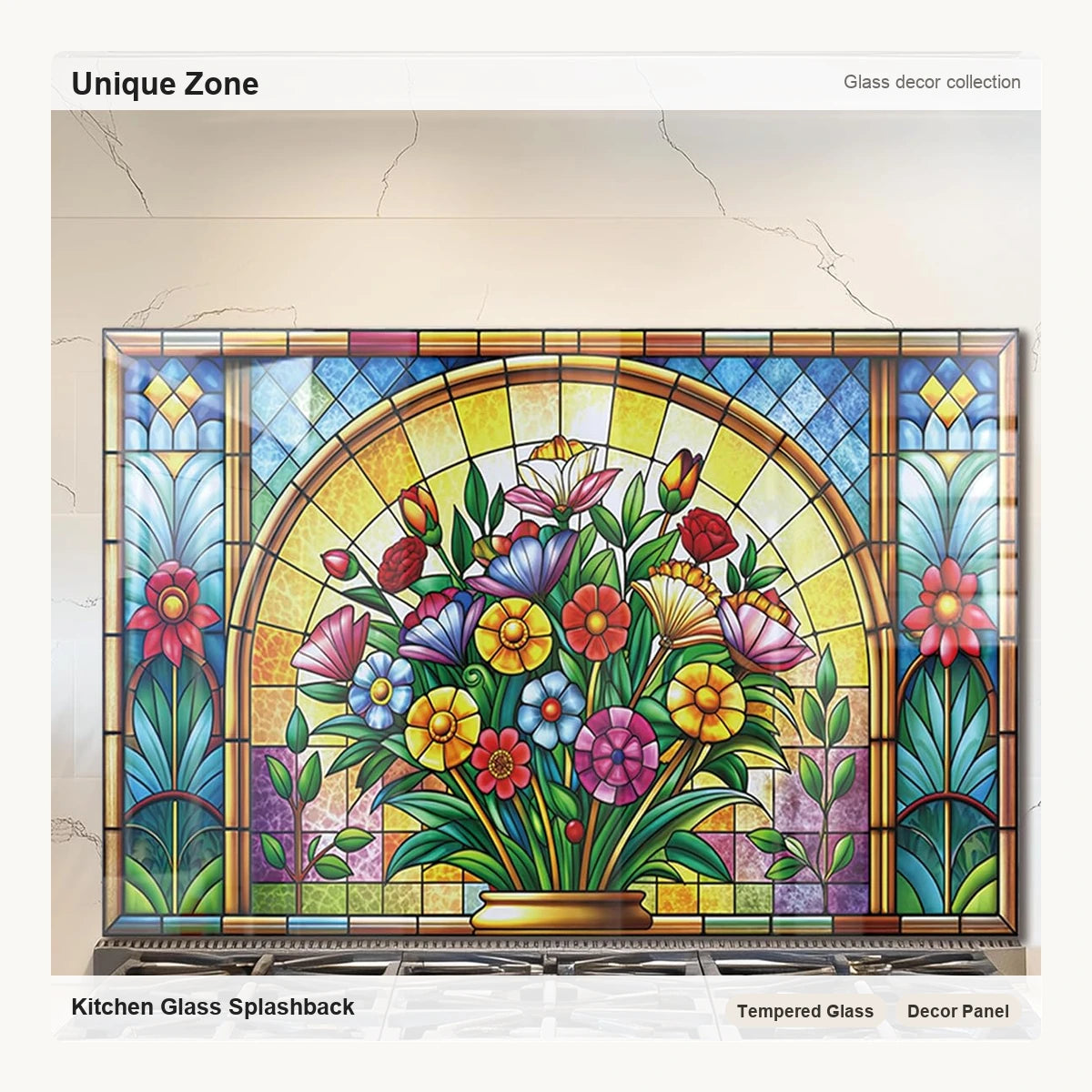 Mosaic Window Tempered Glass Kitchen Backsplash - Unique Zone correct branded main image