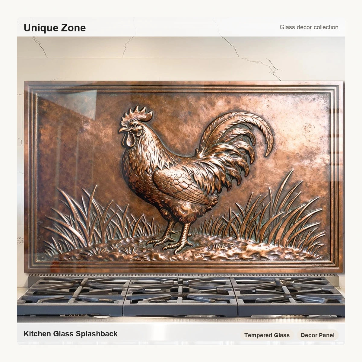 Rooster Tempered Glass Kitchen Backsplash - Unique Zone correct branded main image