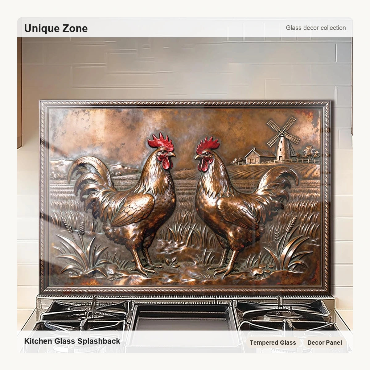 Copper Rooster Tempered Glass Kitchen Backsplash - Unique Zone correct branded main image