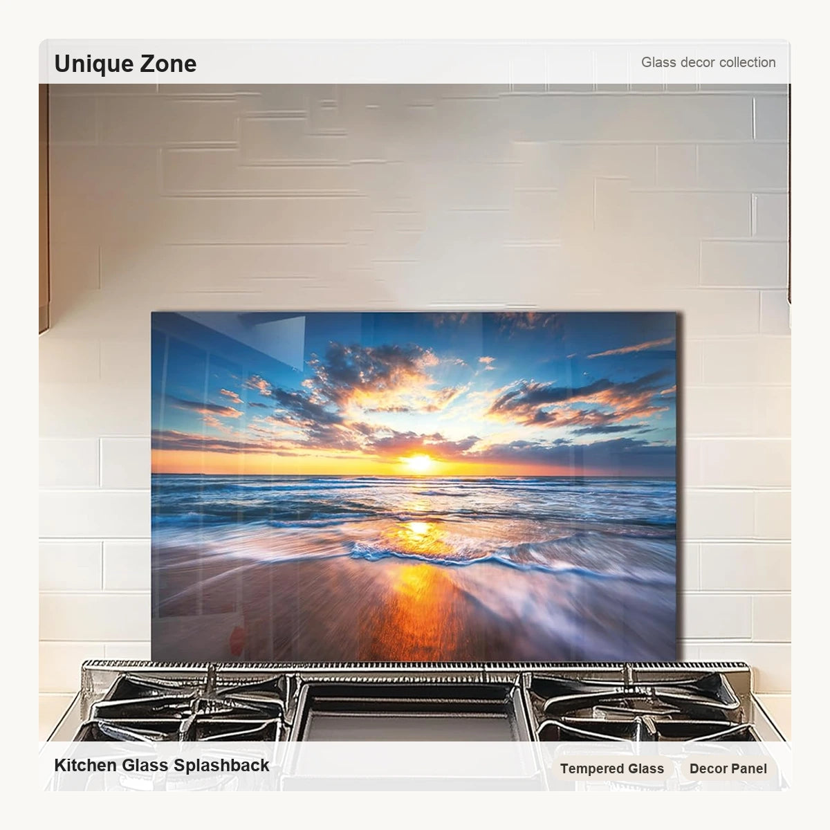 Sea Beach Tempered Glass Kitchen Backsplash - Unique Zone correct branded main image