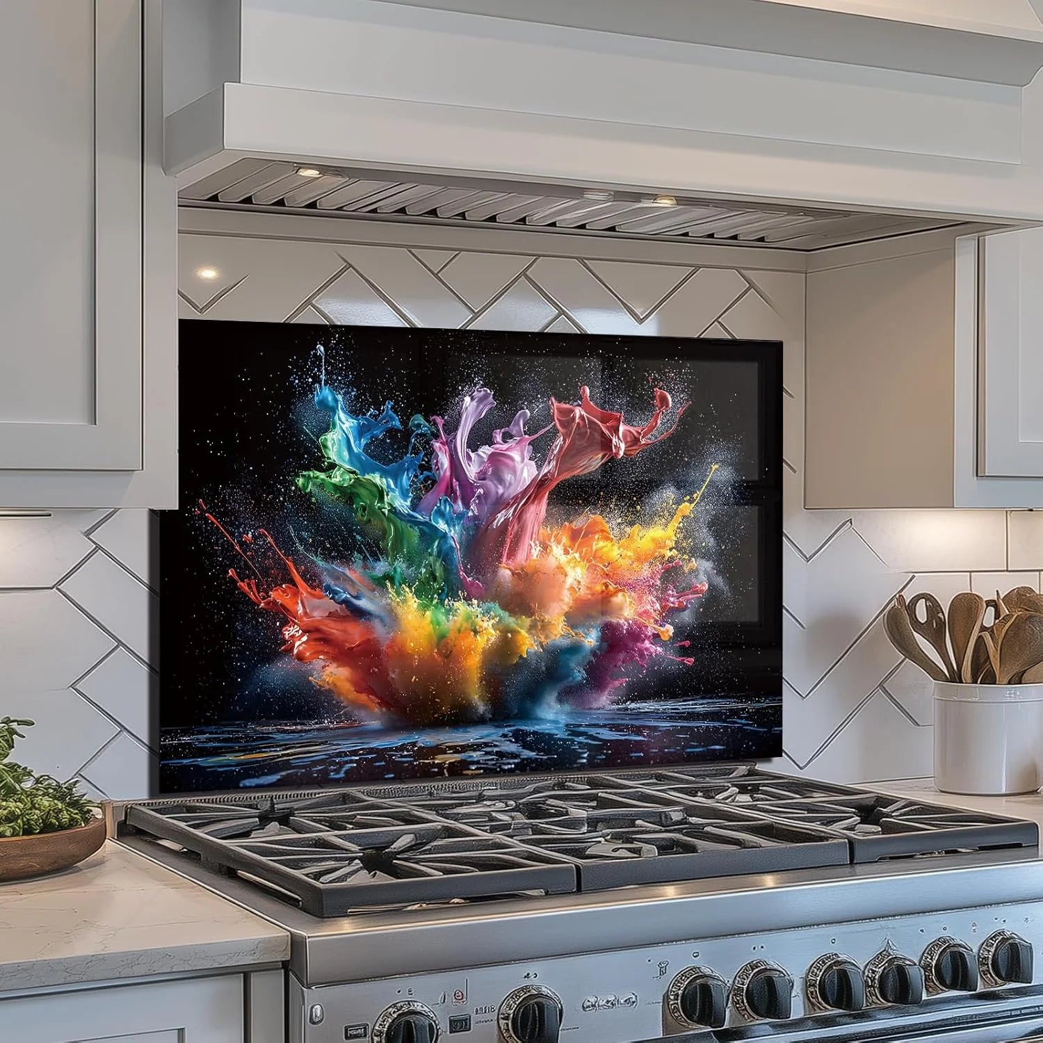 Abstract Pigment tempered glass kitchen backsplash size reference view
