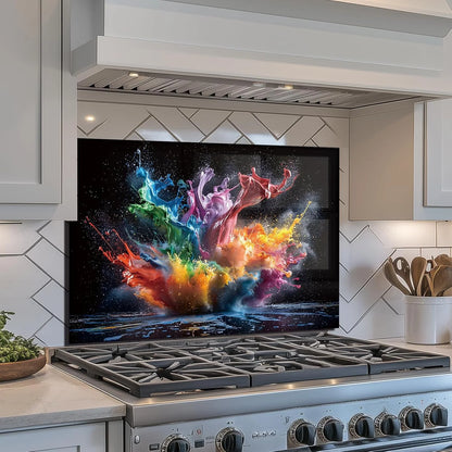 Abstract Pigment tempered glass kitchen backsplash size reference view