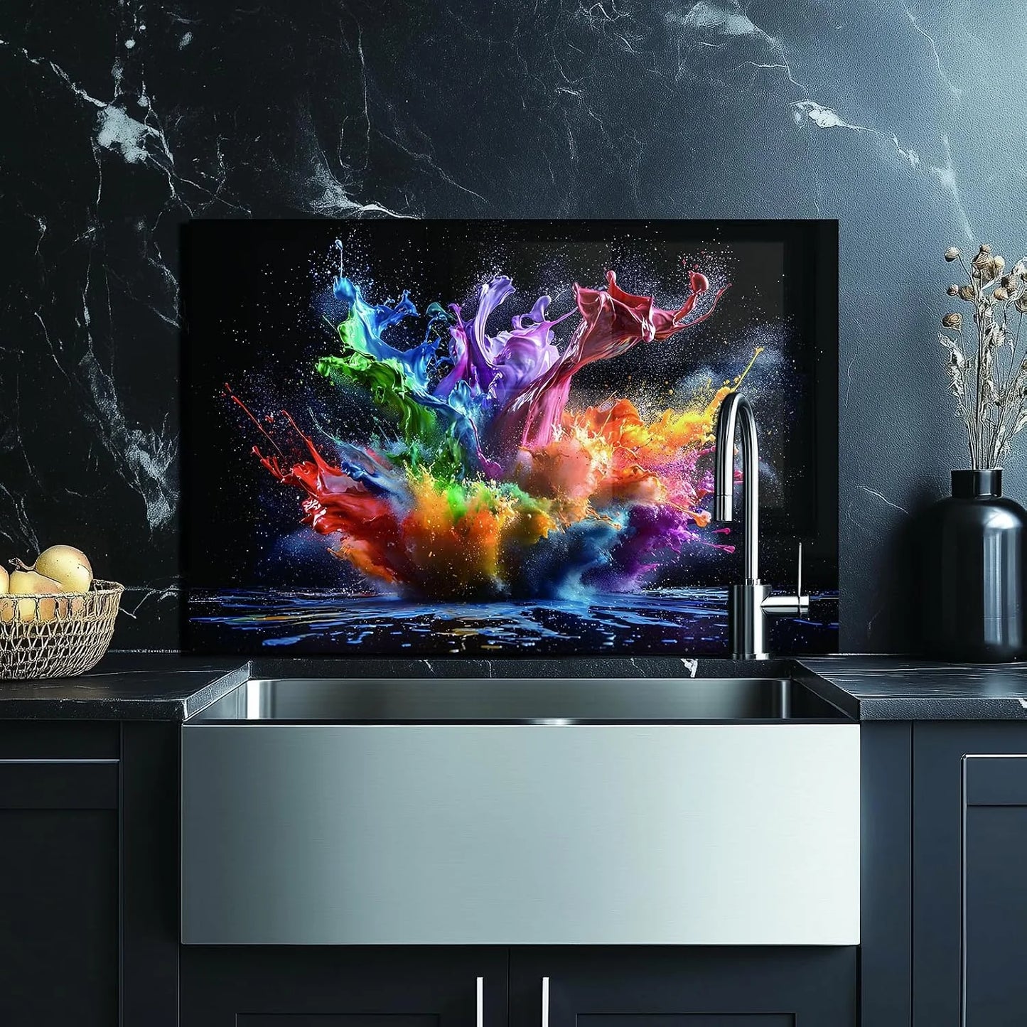 Abstract Pigment tempered glass kitchen backsplash installation detail