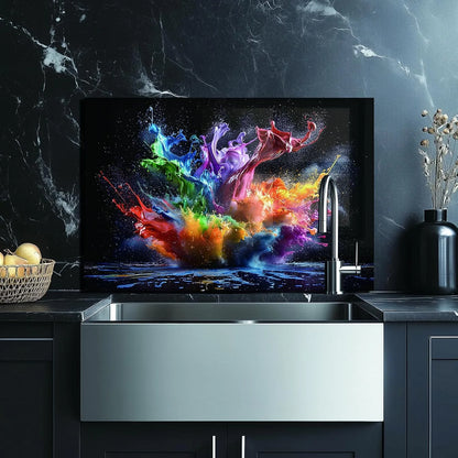 Abstract Pigment tempered glass kitchen backsplash installation detail