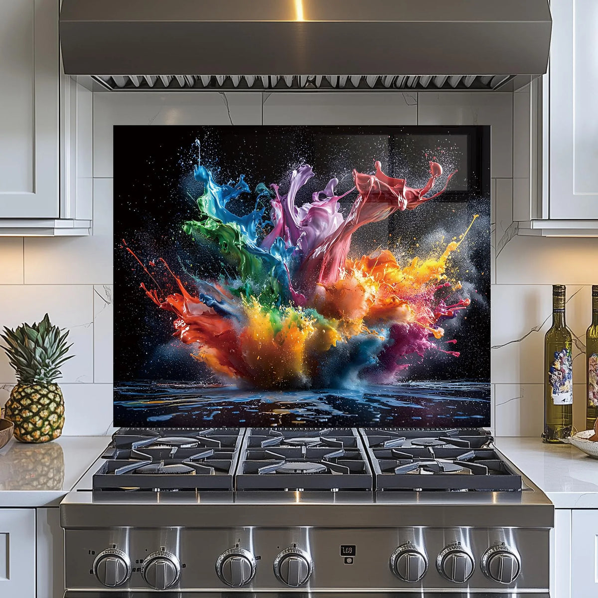 Abstract Pigment tempered glass kitchen backsplash care detail view
