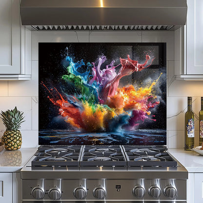 Abstract Pigment tempered glass kitchen backsplash care detail view