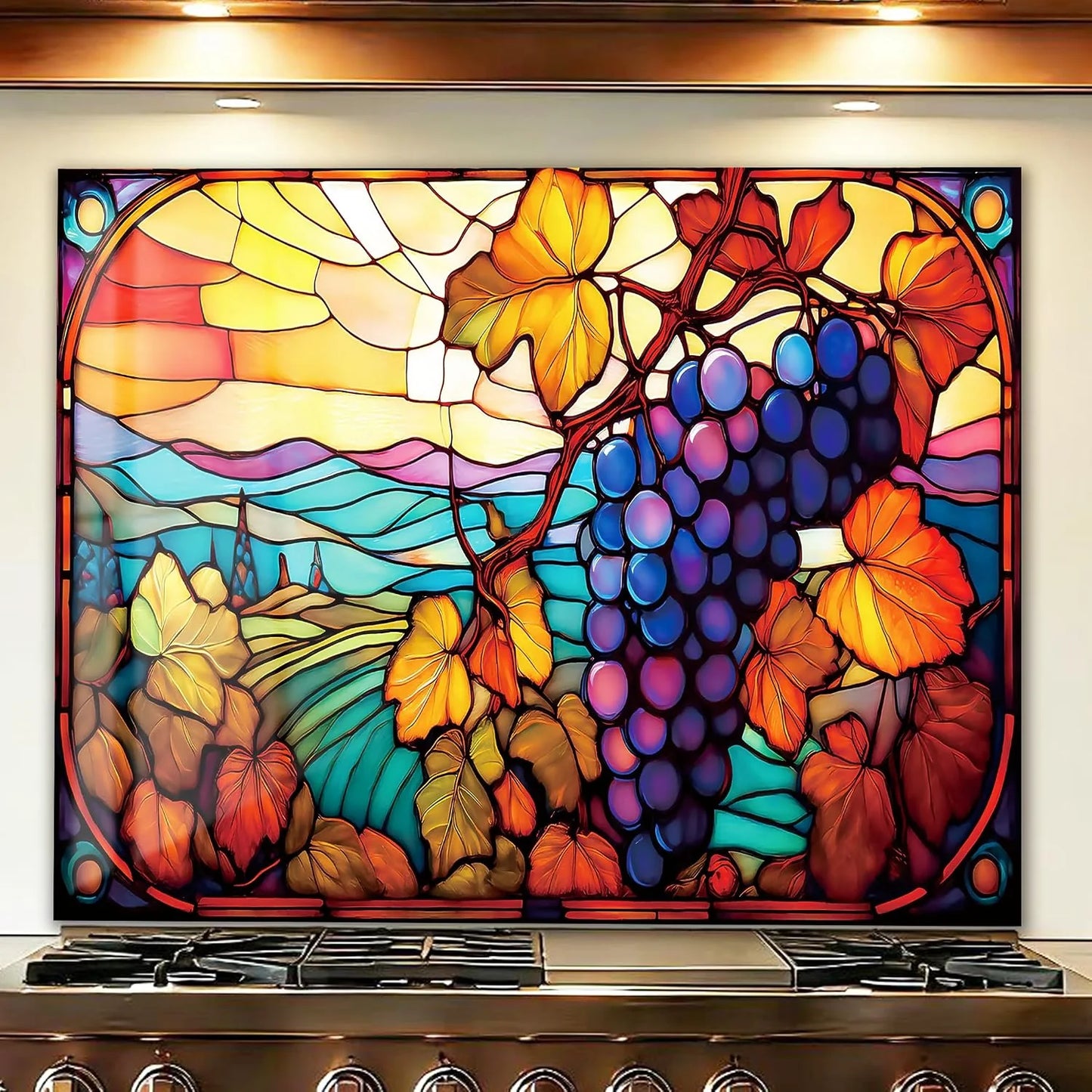 Mosaic Grapes tempered glass kitchen backsplash close-up product view
