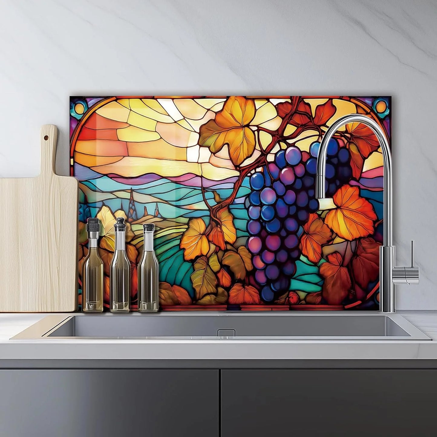 Mosaic Grapes tempered glass kitchen backsplash installation detail