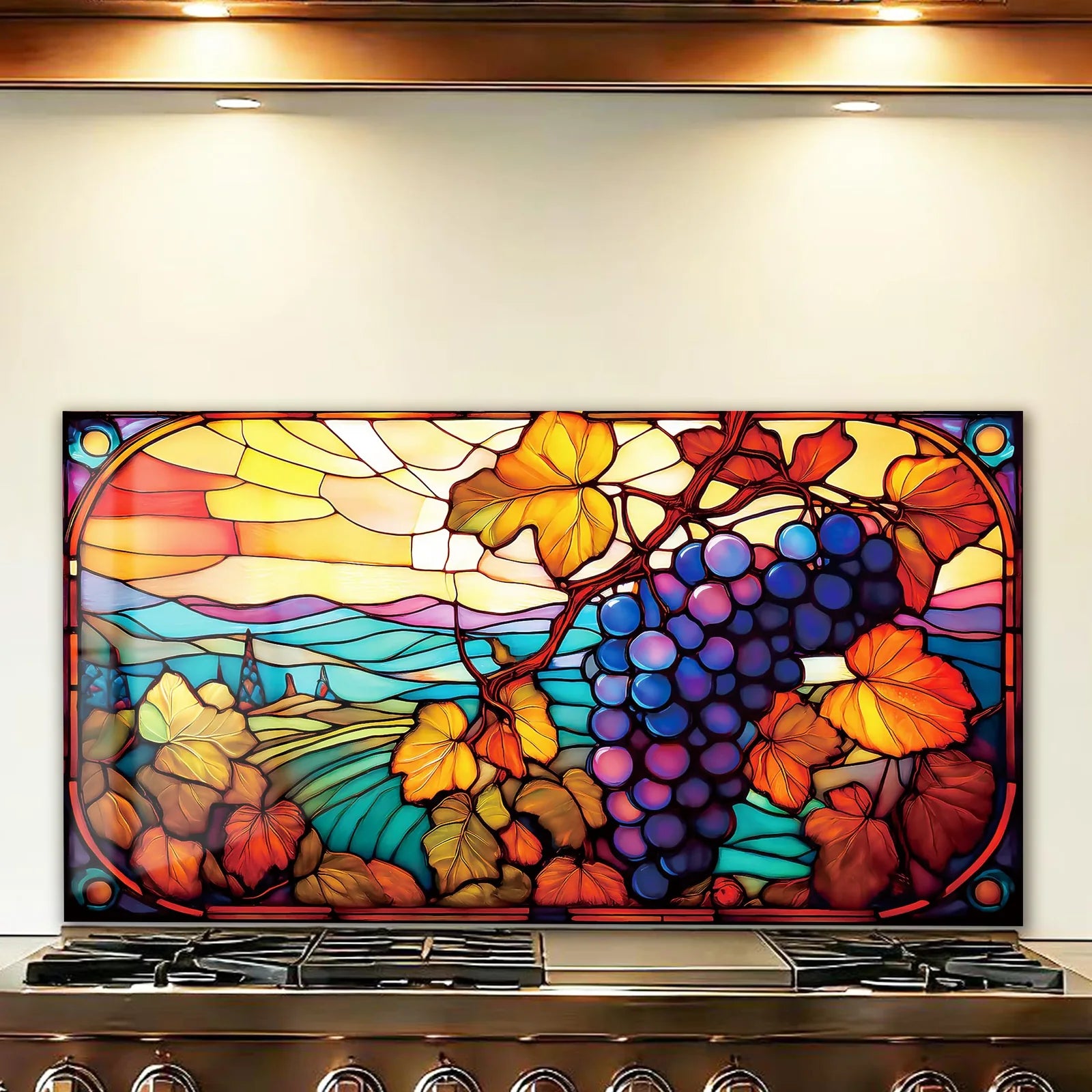 Mosaic Grapes tempered glass kitchen backsplash angled product view