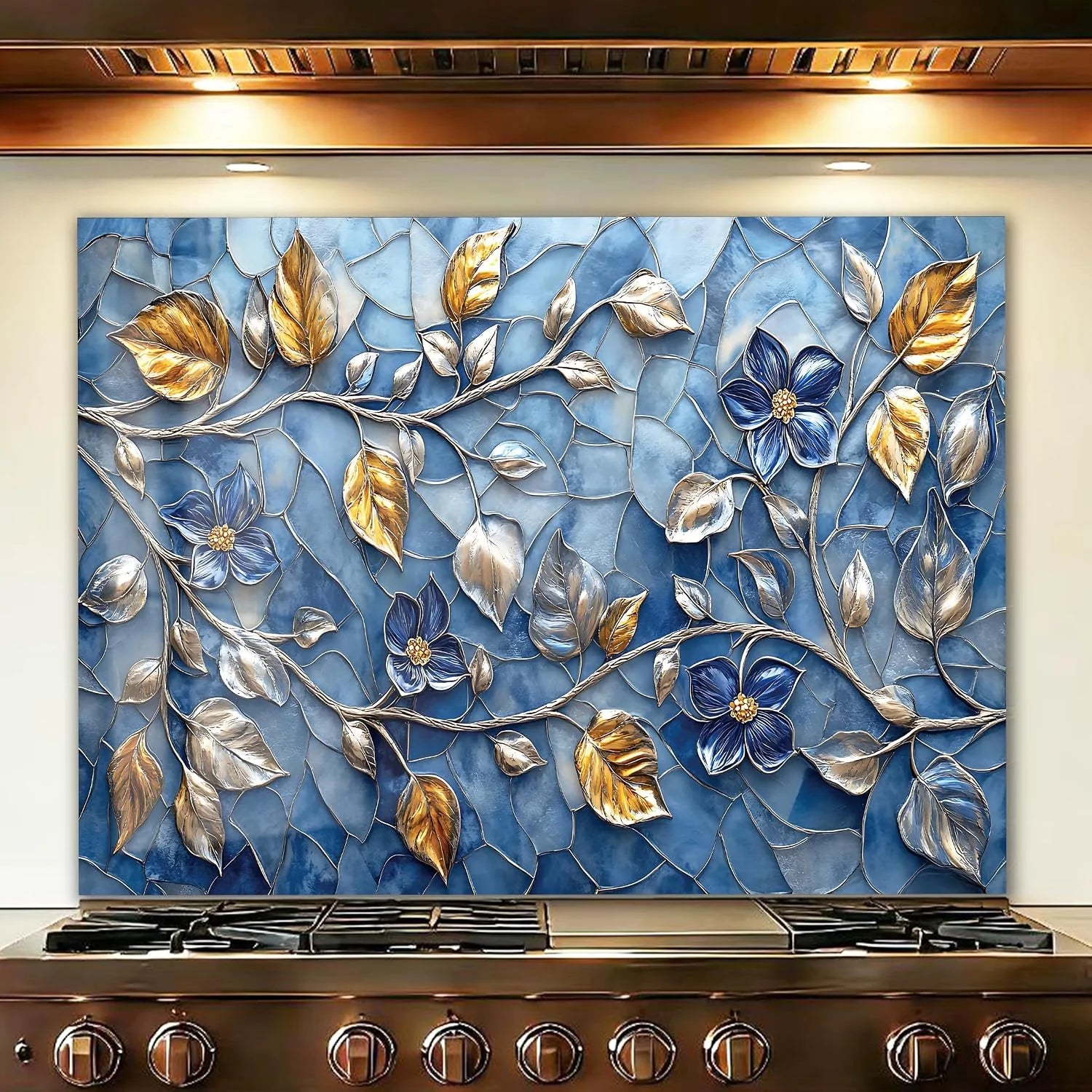 Mosaic Leaves tempered glass kitchen backsplash close-up product view