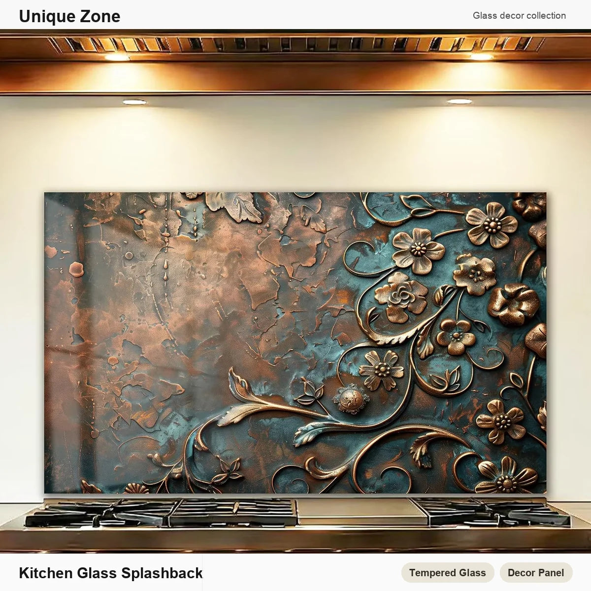 Bronze Floral Tempered Glass Kitchen Backsplash - Unique Zone branded kitchen backsplash main image